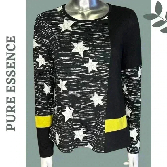 Pure Essence Long Sleeve Knit Top Color Block Star Print Back Yellow White - Picture 1 of 6